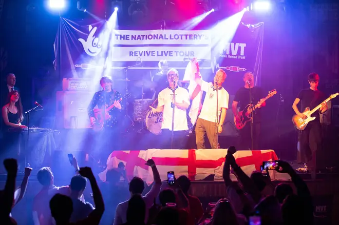 David Baddiel, Frank Skinner and Lighting Seeds perform Three Lions' at a special gig for England fans ahead of the Euro 2020 final, as part of the National Lottery's Revive Live campaign, at 229 club in London.