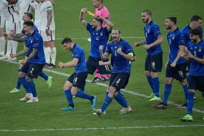 Italy celebrate after sealing the win on penalties