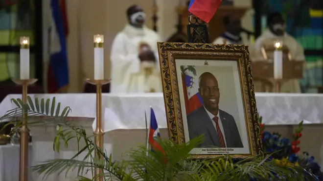 A photograph of Haiti’s assassinated President Jovenel Moise is displayed during a memorial service at Notre Dame d’Haiti Catholic Church in the Little Haiti neighbourhood of Miami