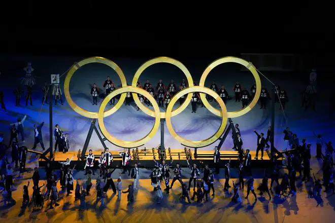 The five Olympic rings on display during the opening ceremony