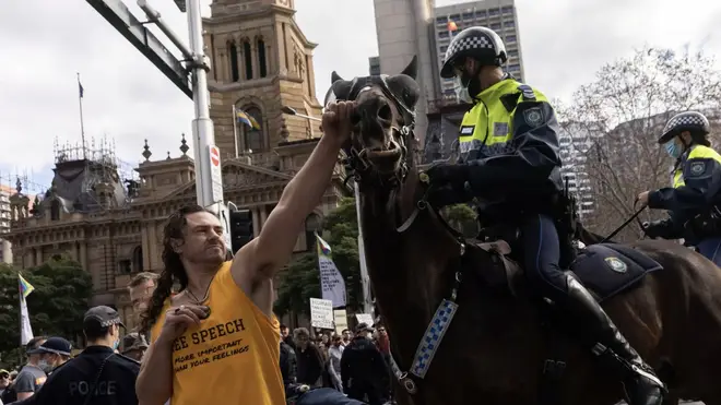 An anti-lockdown protester appeared to punch a police horse in the face