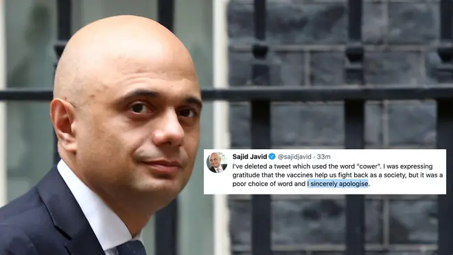 Sajid Javid has apologised for saying people should no longer "cower" from Covid-19