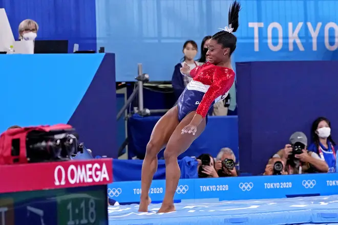 Simone Biles uncharacteristically stumbled on her landing after the vault.