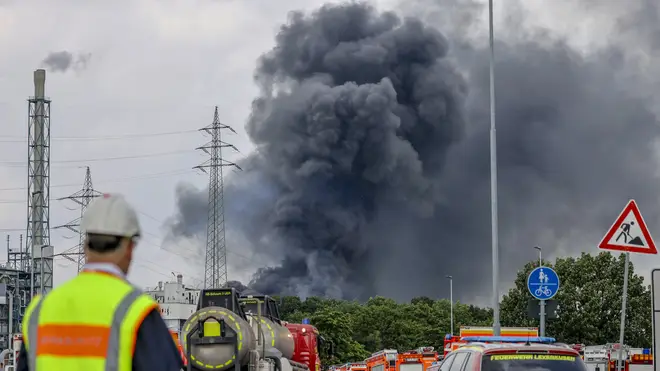 Emergency vehicles close to the blast site in Leverkusen