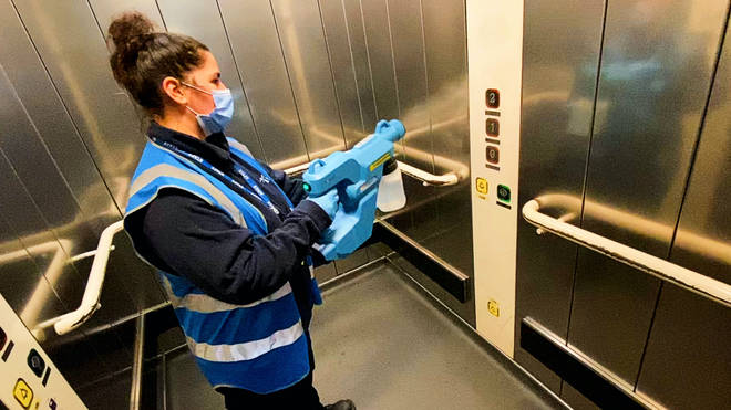 A lift being cleaned at Euston station in London