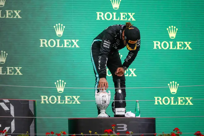 Hamilton on the podium after Sunday's Grand Prix