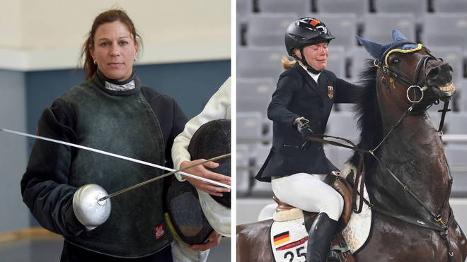 Kim Raisner, left, has been sent home after punching a horse ridden by Annika Schleu, right