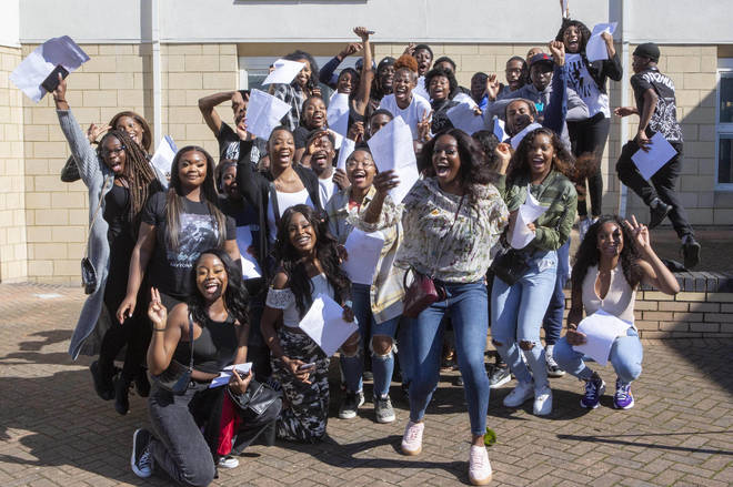 Students celebrate at Brampton Manor Academy in London