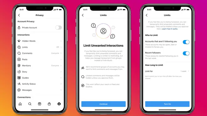 Instagram's new Limits tool, which allows people to filter out comments and DM requests from those who don't follow or have only recently started following them