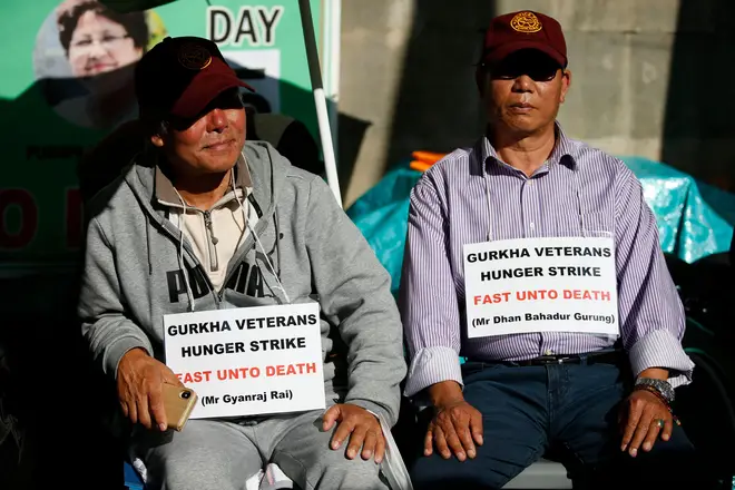 Gurkha veterans protest with a hunger strike opposite Downing Street in London.