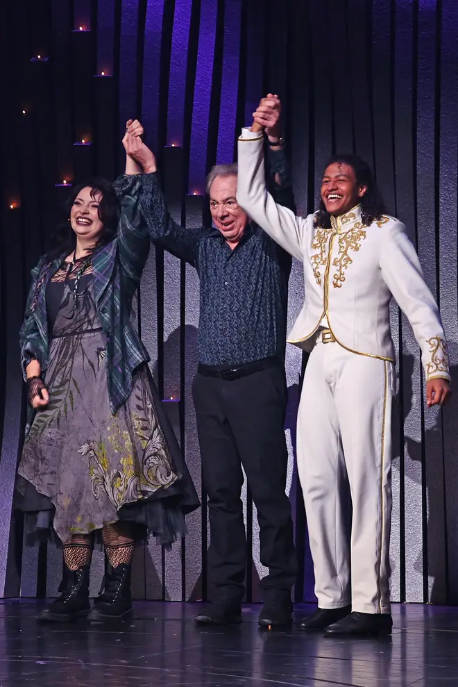 (L to R) Carrie Hope Fletcher, Lord Andrew Lloyd Webber and Ivano Turco bow at the curtain call during the press night performance of "Cinderella"