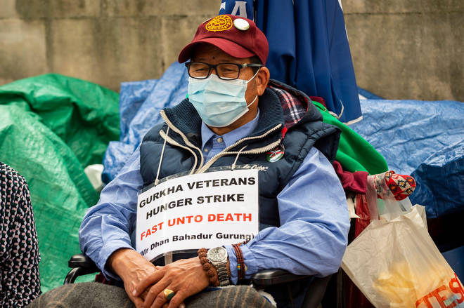 Gurkha veteran Dhan Bahadur Garung protesting outside Downing Street