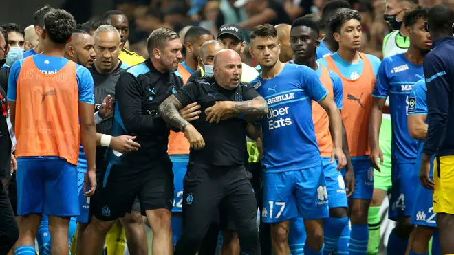 Marseille head coach Jorge Sampaoli had to be dragged away from one of the skirmishes
