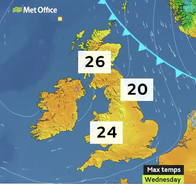 Temperature could reach 27C in parts of the UK on Wednesday.