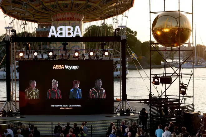 Members of the Swedish group ABBA are seen on a display during their Voyage event