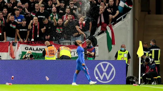 Sterling was pelted with items thrown from the crowd when celebrating the opening goal
