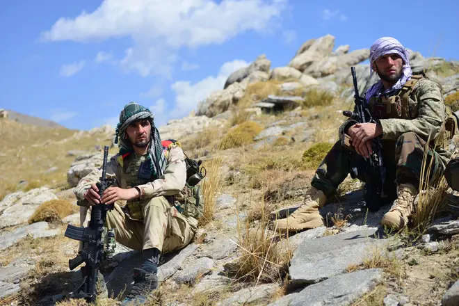 Anti-Taliban fighters rest in the Anaba District in Panjshir province last week