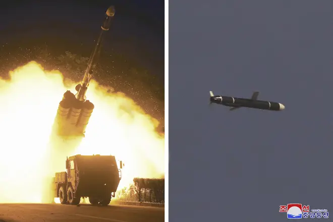 This combination of photos provided by the North Korean government on Monday, September 13, shows long-range cruise missiles tests held on the weekend