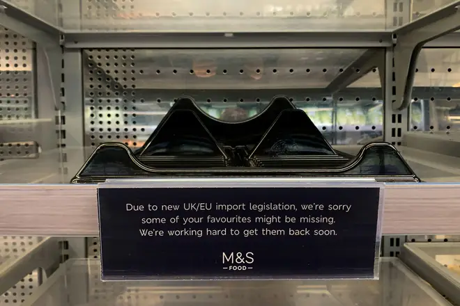 Signs had appeared on shelves in M&S stores blaming shortages on post-Brexit travel rules.