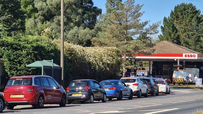 A large queue of cars at a garage in Hothfield in Kent