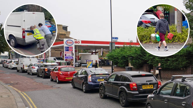 Drivers have been picking up jerry cans of petrol as large queues continue.