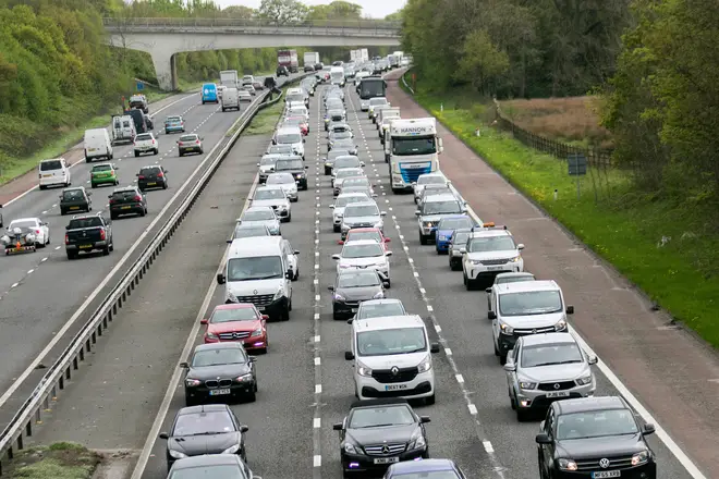 A file photo of traffic on the M6, where a 'serious collision' has caused six miles of queues today