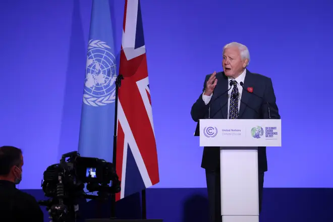 Sir David Attenborough at COP26 today. World leaders attending the summit are under pressure to agree measures to deliver on emission reduction targets