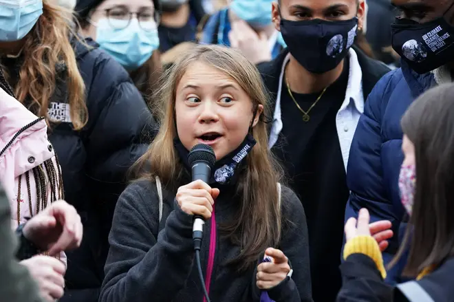 Greta Thunberg alongside fellow climate activists during a demonstration at Festival Park, Glasgow, today
