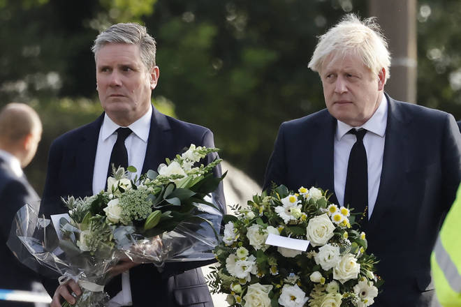 Mr Starmer and Mr Johnson together in Leigh-on-Sea last month, where they laid floral tributes to Tory MP Sir David Amess, who was stabbed to death.