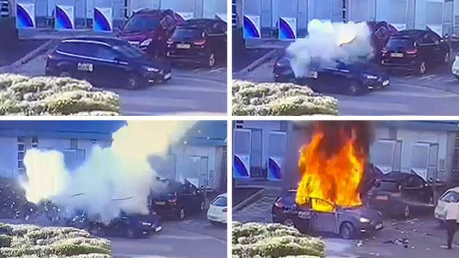 The car exploded and quickly went up in flames