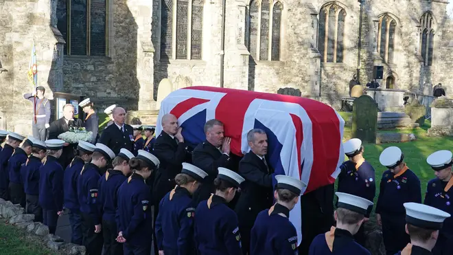 The coffin of Sir David Amess is carried out of St Mary's Church