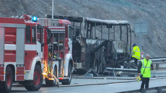 The remains of the bus could be seen on the motorway.