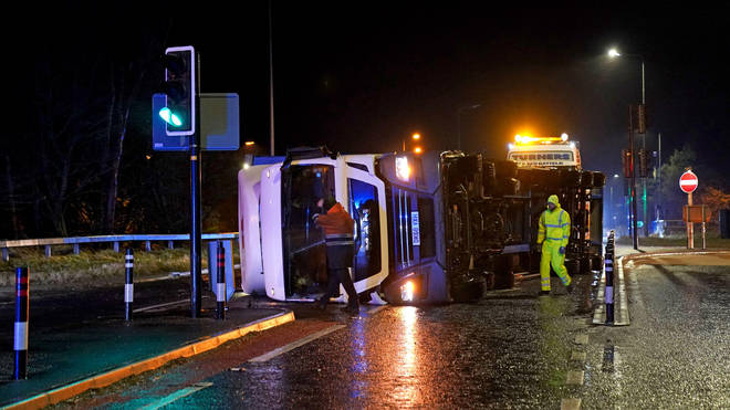 A lorry blown over in high winds blocks the A179 near Hartlepool