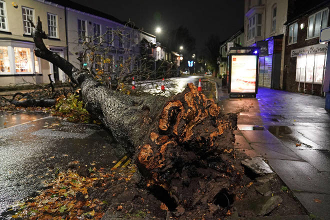 A fallen tree blocks a road in the centre of Norton village in Teeside