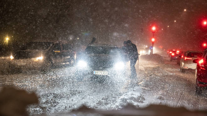 A snowstorm causes chaos on the roads around Aalborg