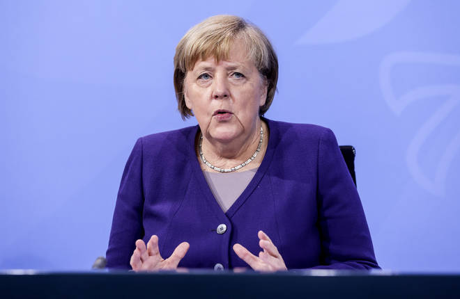 Angela Merkel during today's announcement.
