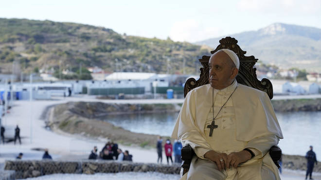 Pope Francis attends a ceremony at the Karatepe refugee camp, on the northeastern Aegean island of Lesbos, Greece (Alessandra Tarantino/AP)