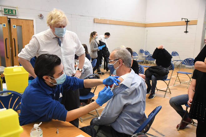Boris Johnson during a visit to the Stow Health Vaccination centre in central London.