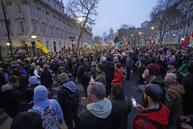 Thousands of people gathered in the vicinity of Downing Street