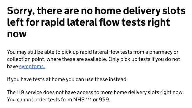 The gov.uk site showed no home delivery slots for lateral flow tests