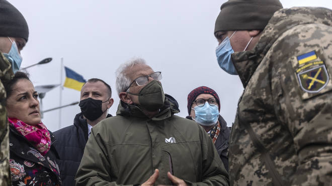 European Union foreign policy chief Josep Borrell chats with Ukrainian soldiers
