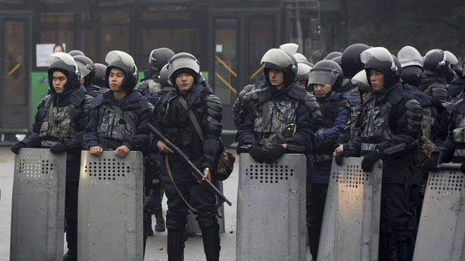 Riot police officers in Almaty, Kazakhstan