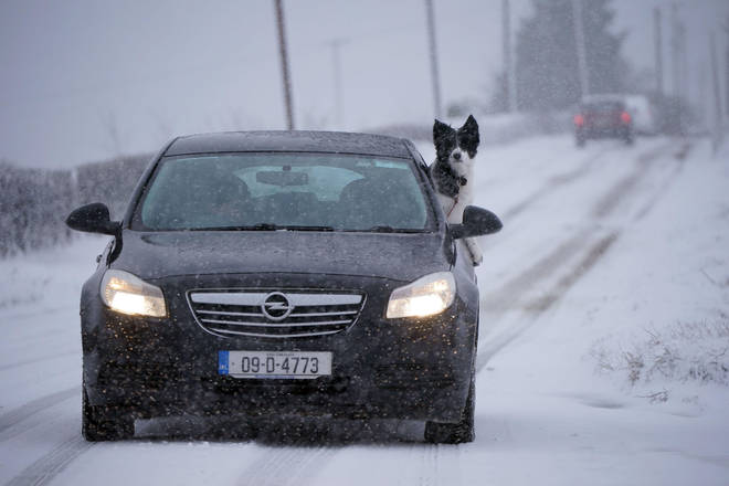A dog looks out of a car window at the wintry conditions in Killeshin, Co. Laois
