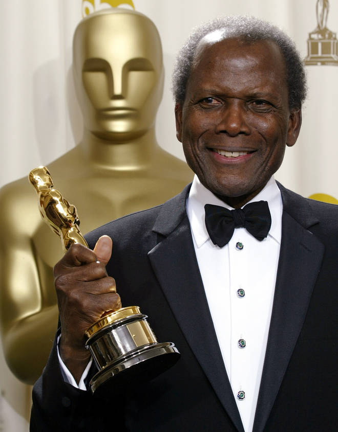Sidney Poitier with his honorary Oscar during the 74th annual Academy Awards on March 24 2002 in Los Angeles
