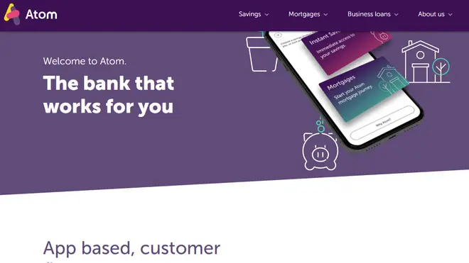 The homepage of Atom Bank, which is app-based and has shifted to a four-day working week