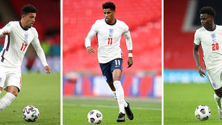 England footballers Jadon Sancho, Marcus Rashford and Bukayo Saka