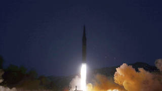 This photo provided by the North Korean government shows what it says a test launch of a hypersonic missile