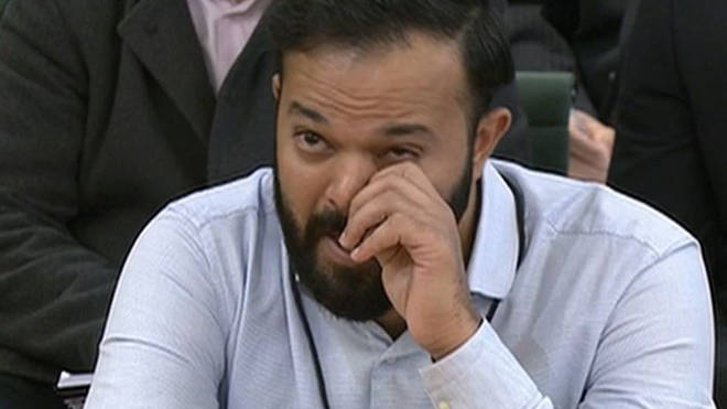 Azeem Rafiq, pictured in tears while giving evidence to the DCMS committee.