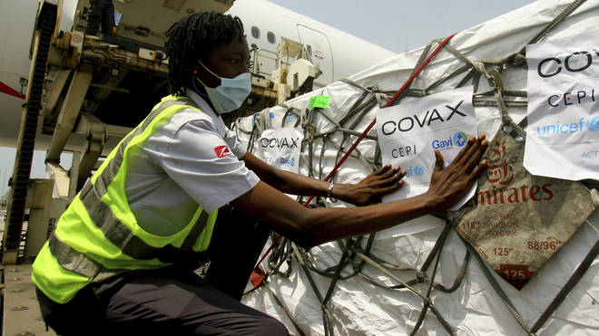 A shipment of Covid-19 vaccines distributed by the Covax Facility arrives in Abidjan, Ivory Coast