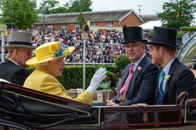 Her Majesty the Queen, Prince Philip, Prince Andrew and Prince Harry pictured together at Ascot in 2016